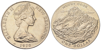 Новая Зеландия 1 доллар 1970 гора Кука KM 42 медно-никель BU 1087-9-64