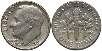 США 10 ЦЕНТОВ = 1 ДАЙМ 1975 D, РУЗВЕЛЬТ KM 195а медь плакированная медно-никелем 3955-862