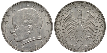 ФРГ 2 марки 1966 F, Макс Планк KM 116,  J. 392 медно-никель плакированный никелем 4123-812
