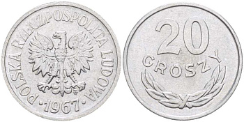 ПОЛЬША 20 ГРОШЕЙ 1967 MW KM А47 алюминий 201-453