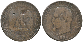 Франция 5 сантимов 1854 BB, Наполеон III (1852-1870) KM 777.3, Le Franc 116.10 бронза 34-441