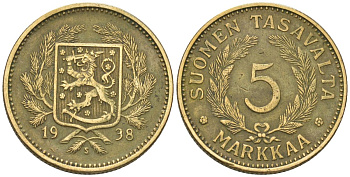 Финляндия 5 марок 1938 S KM 31 алюминиевая бронза 4589-1253