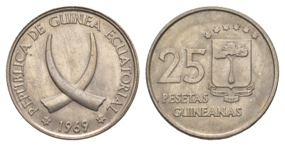 Экваториальная Гвинея 25 песет 1969 год-тип KM 3 медно-никель UNC 4657-1153