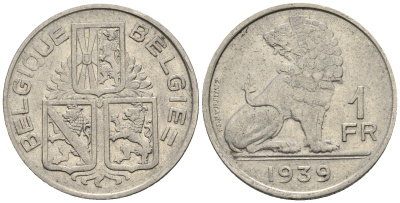 Бельгия 1 франк 1939 Леопольд III (1934-1950), Belgique-Belgie, лев KM 119 никель 85-913