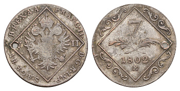 Австрия 7 крейцеров 1802 E, Франц II (1792-1835), год-тип KM 2129 серебро 4656-116