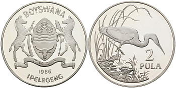 Ботсвана 2 пула 1986 серия защита окружающей среды, тихоокеанская белая цапля, тираж 25000 экз. KM 18 серебро PROOF 1078-2-63