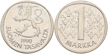 ФИНЛЯНДИЯ 1 МАРКА 1990 M KM 49а медно-никель UNC 4556-835