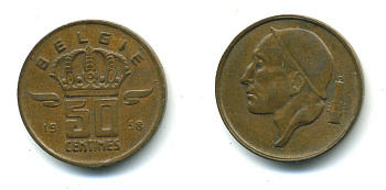 БЕЛЬГИЯ 50 САНТИМОВ 1958 BELGIE KM 149.1 бронза 86-755