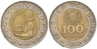 Португалия 100 эскудо 1990 Педру Нуниш (1502-1578), математик KM 645 биметалл aUNC 4616-1234