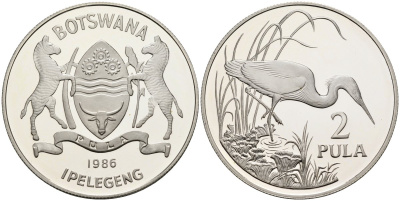 Ботсвана 2 пула 1986 серия защита окружающей среды, тихоокеанская белая цапля, тираж 25000 экз. KM 18 серебро PROOF 1078-2-63