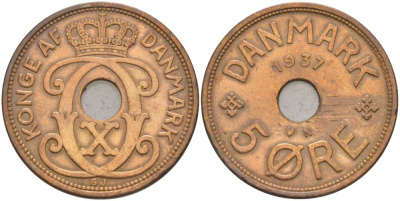 ДАНИЯ 5 ЭРЕ 1937 N; GJ, КРИСТИАН X (1912-1947) KM 828.2 бронза 69-534