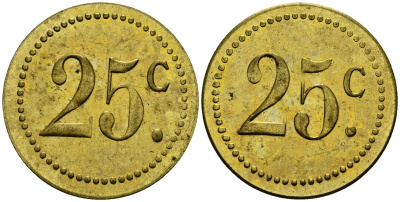 Франция 25†сантимов XIX-XX век ресторанный жетон латунь 4166-1114