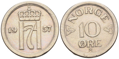 Норвегия 10 эре 1957 Хокон VII (1905-1957) КМ 396 медно-никель    4169-322