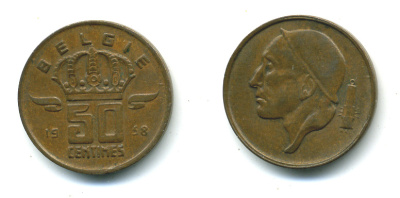 БЕЛЬГИЯ 50 САНТИМОВ 1958 BELGIE KM 149.1 бронза 86-755