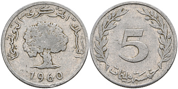 ТУНИС 5 МИЛЛИМОВ 1960 ПЕРВЫЙ ГОД KM 282 алюминий 4563-1146