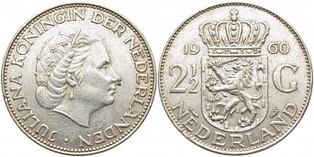 Нидерланды 2 1/2 гульдена 1960 Юлиана (1948-1980) KM 185 серебро 114-524