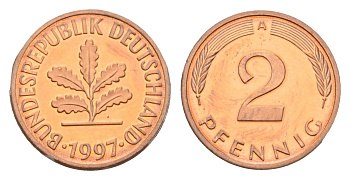 Германия 2 пфеннига 1997 A, в запайке KM 106a, J.381a сталь плакированная медью PROOF 4116-1034