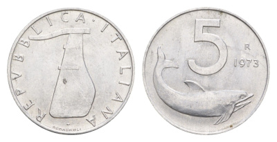 Италия 5 лир 1973 R, плуг, дельфин KM 92 алюминий UNC 4547-1221