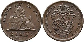БЕЛЬГИЯ 2 САНТИМА 1836 BELGES KM 4.2 медь 95-637