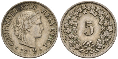 Швейцария 5 раппенов 1919 KM 26 медно-никель 4152-142