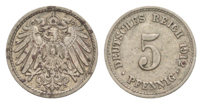Германия 5 пфеннигов 1912 A, Вильгельм II (1888-1918) KM 11, J. 12 медно-никель 4640-139
