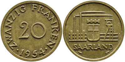 Саарланд 20 франков 1954 индустрия KM 2 алюминиевая бронза 4364-2636