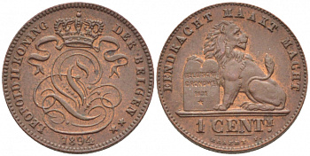 БЕЛЬГИЯ 1 САНТИМ 1894 BELGEN KM 34.1 медь 116-717