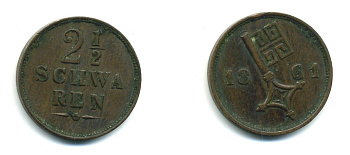 Бремен 2 1/2 шварена 1861 KM 234 медь 54-947