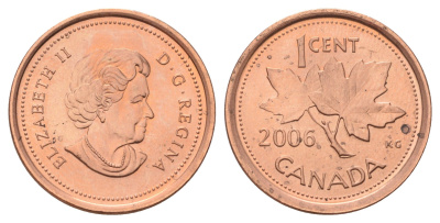 Канада 1 цент 2006 Елизавета II (1952-2022), кленовый лист KM 490 цинк плакированный медью UNC 4689-327