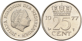 Нидерланды 25 центов 1977 Юлиана (1948-1980) KM 183 никель 4124-134
