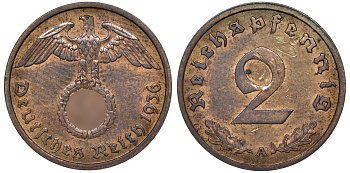 ГЕРМАНИЯ 2 РЕЙХСПФЕННИГА 1936 A J 362, KM 90 бронза 72-341