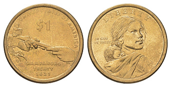 США 1 доллар 2011 D, Коренные Американцы - Договор с Вампаноагами KM 503 медь с марганцево-латунным покрытием UNC 4629-314