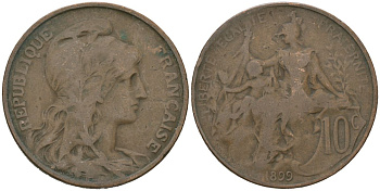 Франция 10 сантимов 1899 KM 843 бронза 221-525