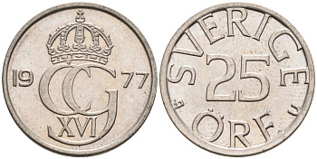Швеция 25 эре 1977 Карл XVI Густав (1973- ) KM 851 медно-никель UNC 4585-522