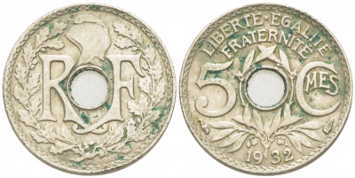 ФРАНЦИЯ 5 САНТИМОВ 1932 ТИП ЛИНДАЙЁ KM 875 медно-никель 3955-315