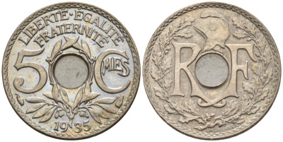 Франция 5 сантимов 1935 KM 875 медно-никель 4596-629