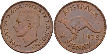АВСТРАЛИЯ 1 ПЕННИ 1938 ГЕОРГ VI (1937-1952), КЕНГУРУ KM 36 бронза 4380-722