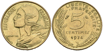 Франция 5 сантимов 1974 ТИП MORLON KM 933, Le Franc 125.10 медь алюминий никель 4564-766