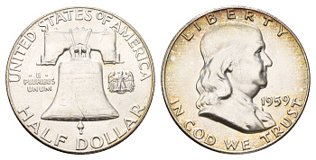 США 1/2 доллара (50 центов) 1959 Бенджамин Франклин, колокол KM 199 серебро aUNC 1528-235