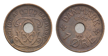 Дания 1 эре 1940 N, Кристиан X (1912-1947) KM 826 бронза 4658-159