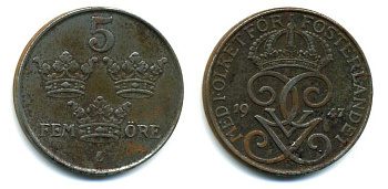 Швеция 5 эре 1947 Густав V (1907-1950) KM 812 железо 57-135