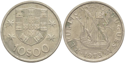Португалия 10 эскудо 1973 парусник KM 600 никель плакированный медно-никелем 00-00