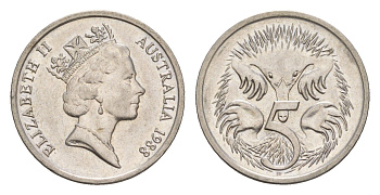 Австралия 5 центов 1988 Елизавета II (1952-2022), ехидна KM 80 медно-никель 4658-115