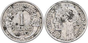 Франция 1 франк 1941 KM 885a.1, Le Franc 269.2 алюминий 4142-855