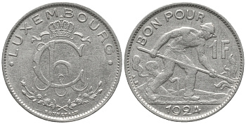 ЛЮКСЕМБУРГ 1 ФРАНК 1924 СТАЛЕВАР, ШАРЛОТТА (1919-1964) KM 35 никель 28-1214
