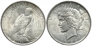 США 1 доллар 1922 доллар мира KM 150 серебро aUNC 272-1442