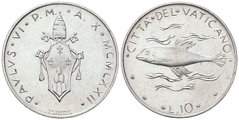 Ватикан 10 лир 1972 KM 119 алюминий UNC 4571-815