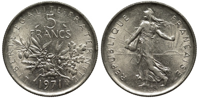 Франция 5 франков 1971 сеятель KM 926a.1, Le Franc 341.3 медно-никель плакированный никелем 3855-911