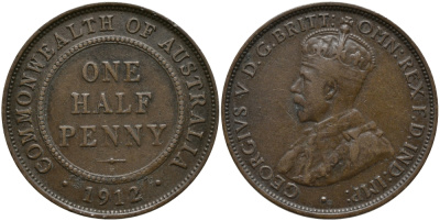 АВСТРАЛИЯ 1/2 ПЕННИ 1912 H, ГЕОРГ V KM 22 бронза 84-1323