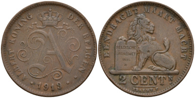 Бельгия 2 сантима 1919 Belgen KM 65 медь    4187-417